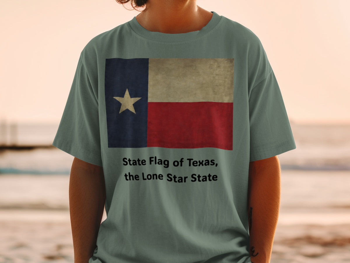 Green t-shirt with the Texas flag and text "State Flag of Texas, the Lone Star State".