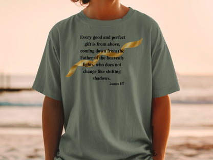 Green t-shirt with Bible verse "Every good and perfect gift..." and ribbon design.