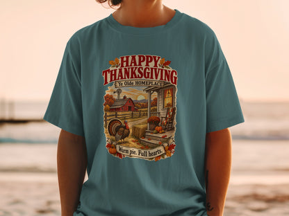 Thanksgiving t-shirt with farmhouse scene and text "Happy Thanksgiving Ye Olde Homeplace".