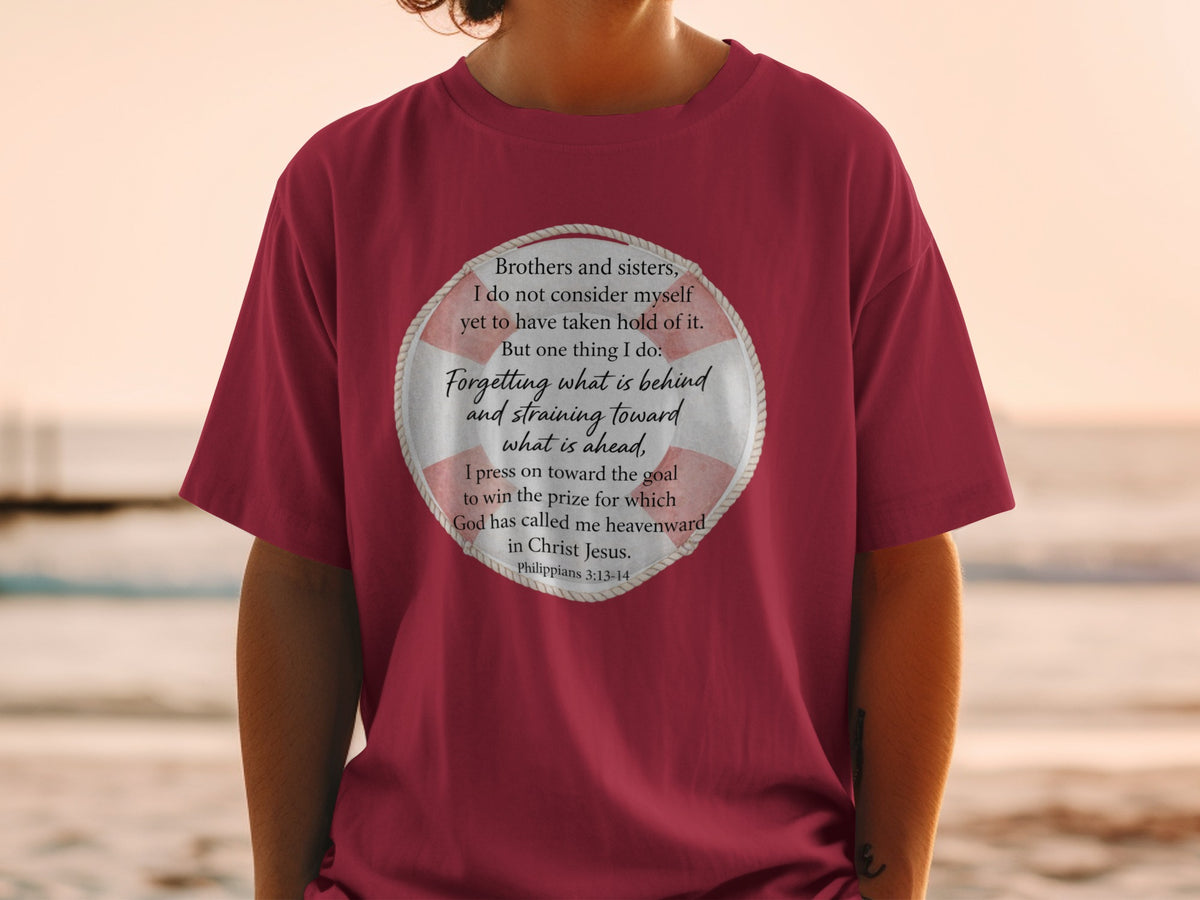 Maroon t-shirt with a life preserver graphic containing a biblical quote.