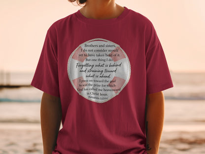 Maroon t-shirt with a life preserver graphic containing a biblical quote.