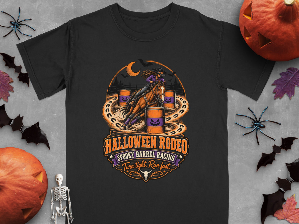 Black t-shirt with Halloween Rodeo spooky barrel racing graphic.