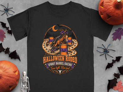Black t-shirt with Halloween Rodeo spooky barrel racing graphic.