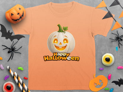 Orange t-shirt with a white jack-o'-lantern and "Happy Halloween" text.