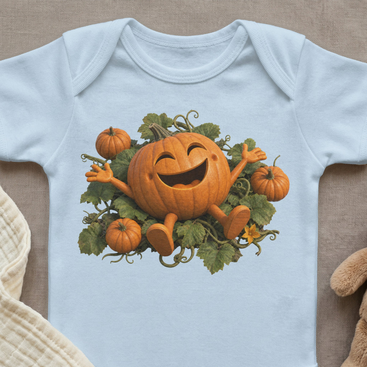 Light blue baby onesie with a cartoon pumpkin surrounded by smaller pumpkins and green vines.