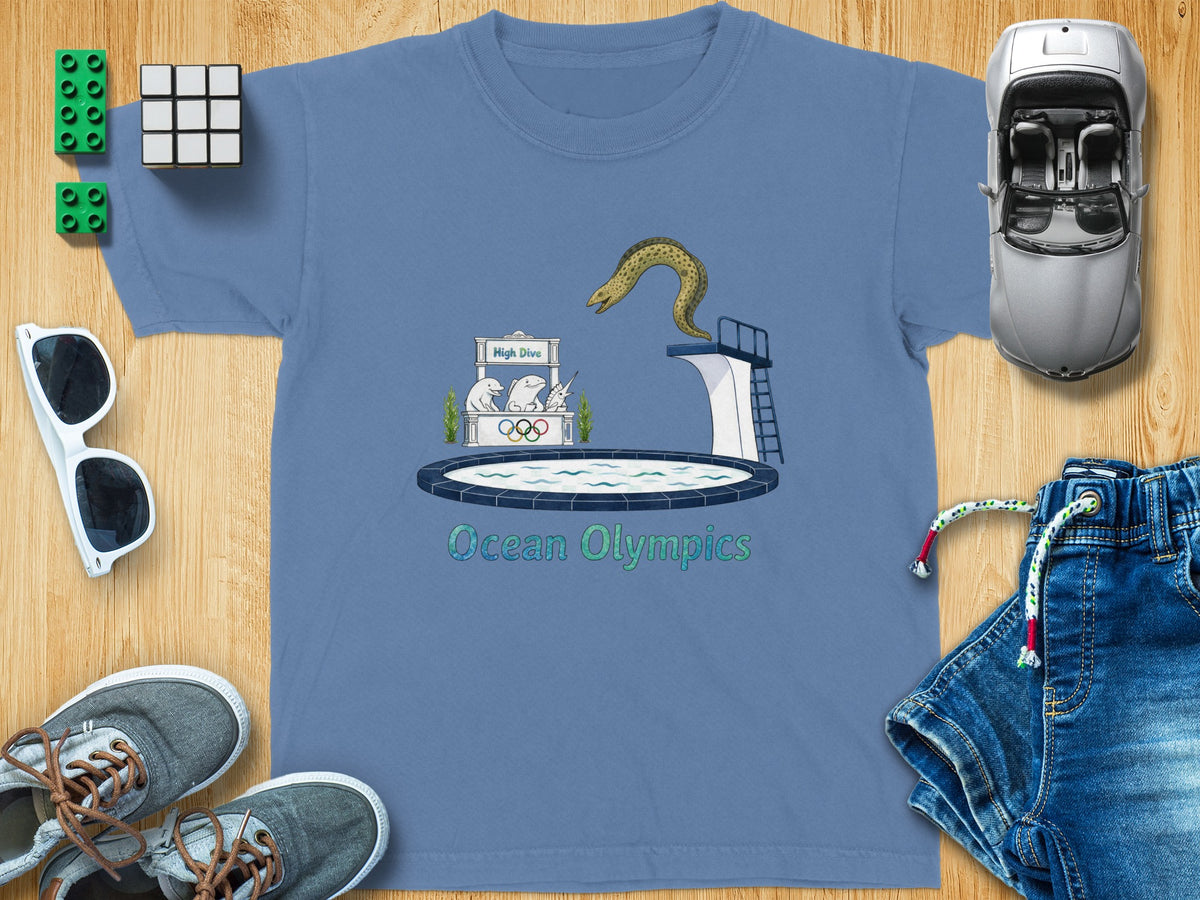 T-shirt with "Ocean Olympics" text, a moray eel diving, and cartoon sea creatures.