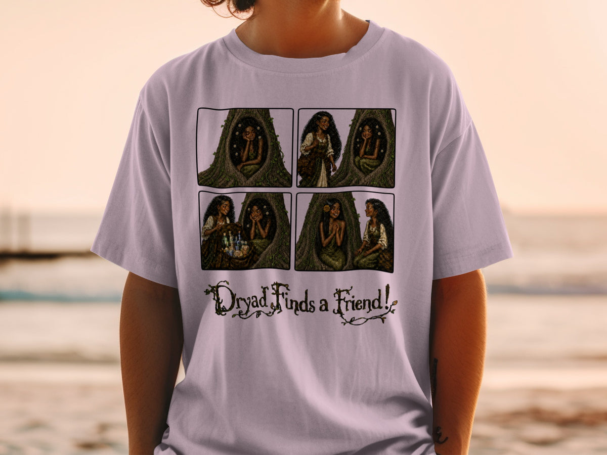 Comic panels of a dryad in a tree with text "Dryad Finds a Friend!"