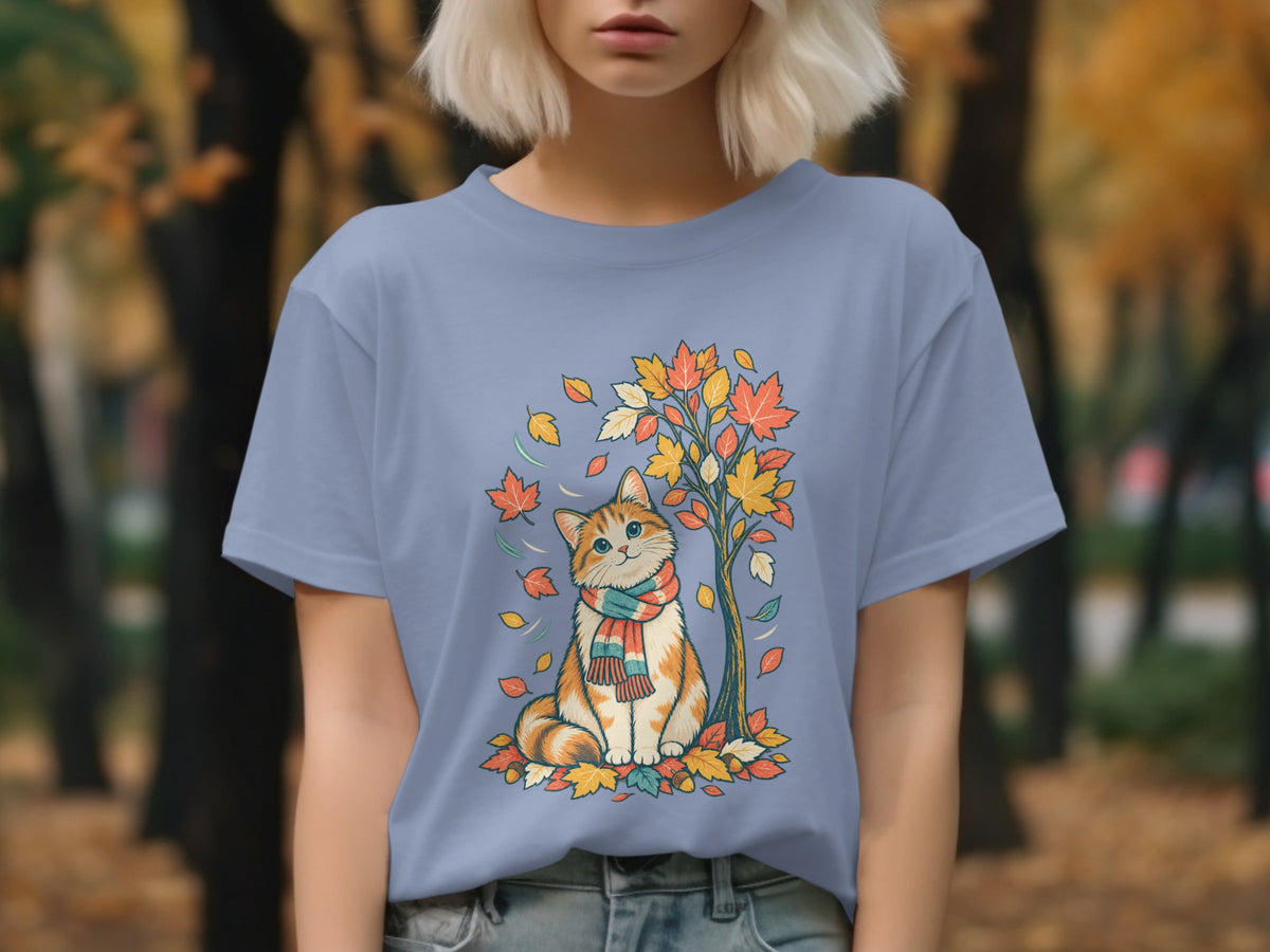 Illustration of a fluffy cat wearing a striped scarf under an autumn tree with falling leaves.