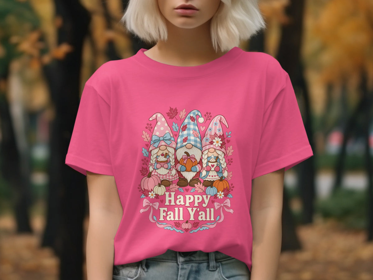 Pink t-shirt with three gnomes and "Happy Fall Y'all" text.