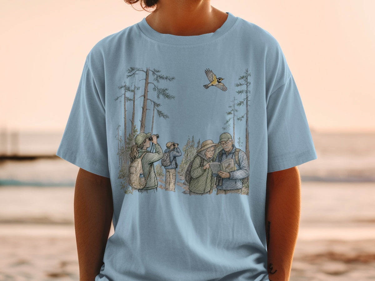Birdwatching scene with people using binoculars and reading a book titled "BIRDS."