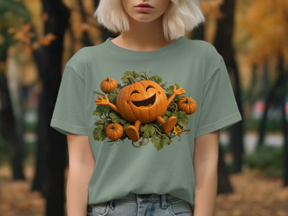 T-shirt with a happy cartoon pumpkin surrounded by leaves and smaller pumpkins.