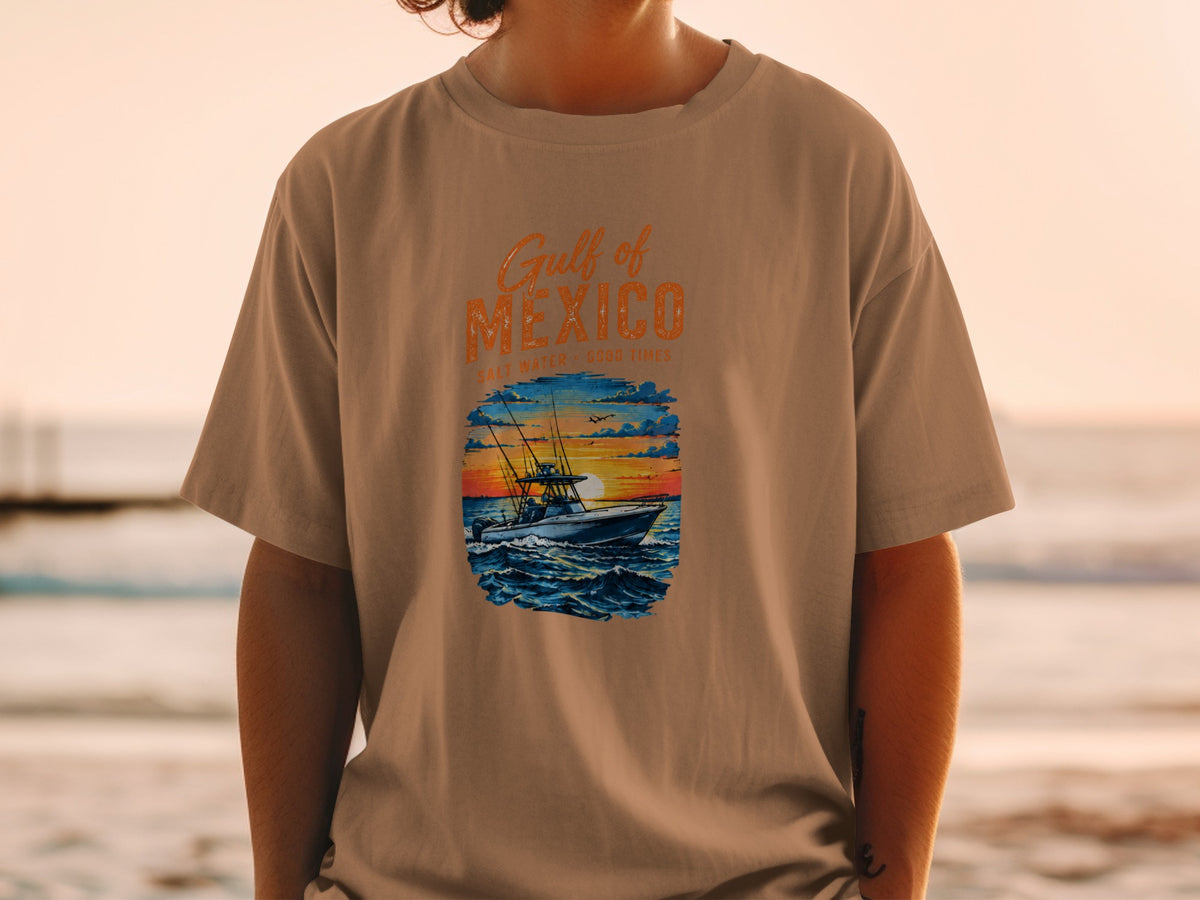 T-shirt graphic: "Gulf of Mexico", boat at sunset, "Salt Water - Good Times".