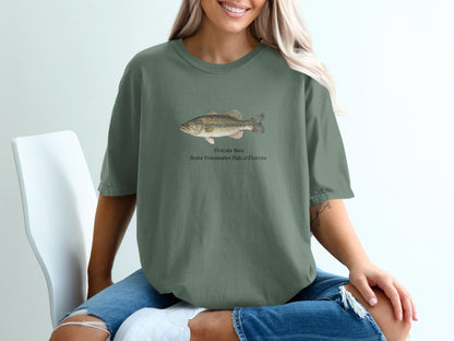 T-shirt with a Florida Bass illustration and text reading "Florida Bass, State Freshwater Fish of Florida".