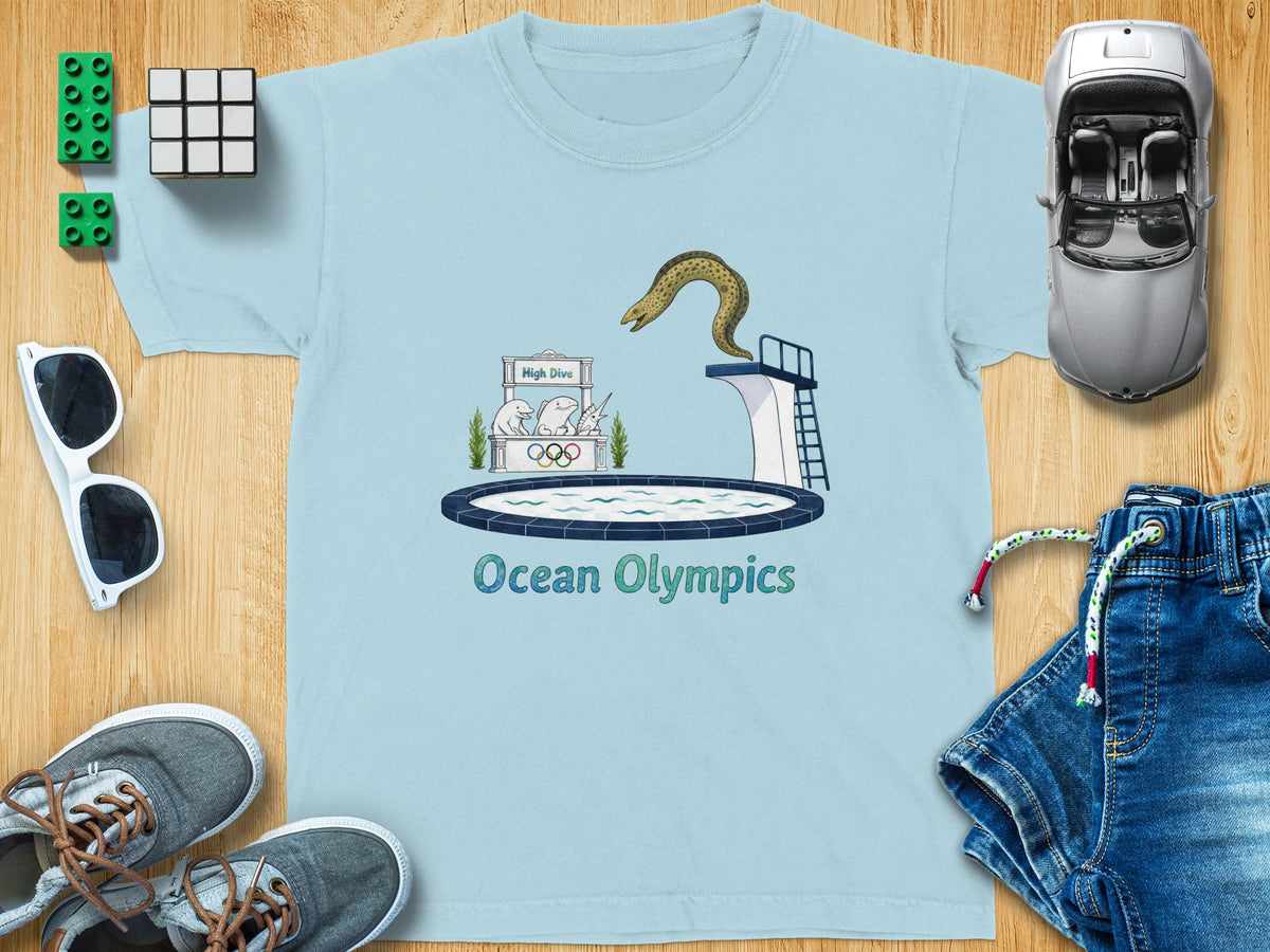 Light blue t-shirt with a cartoon eel diving into a pool for "Ocean Olympics."