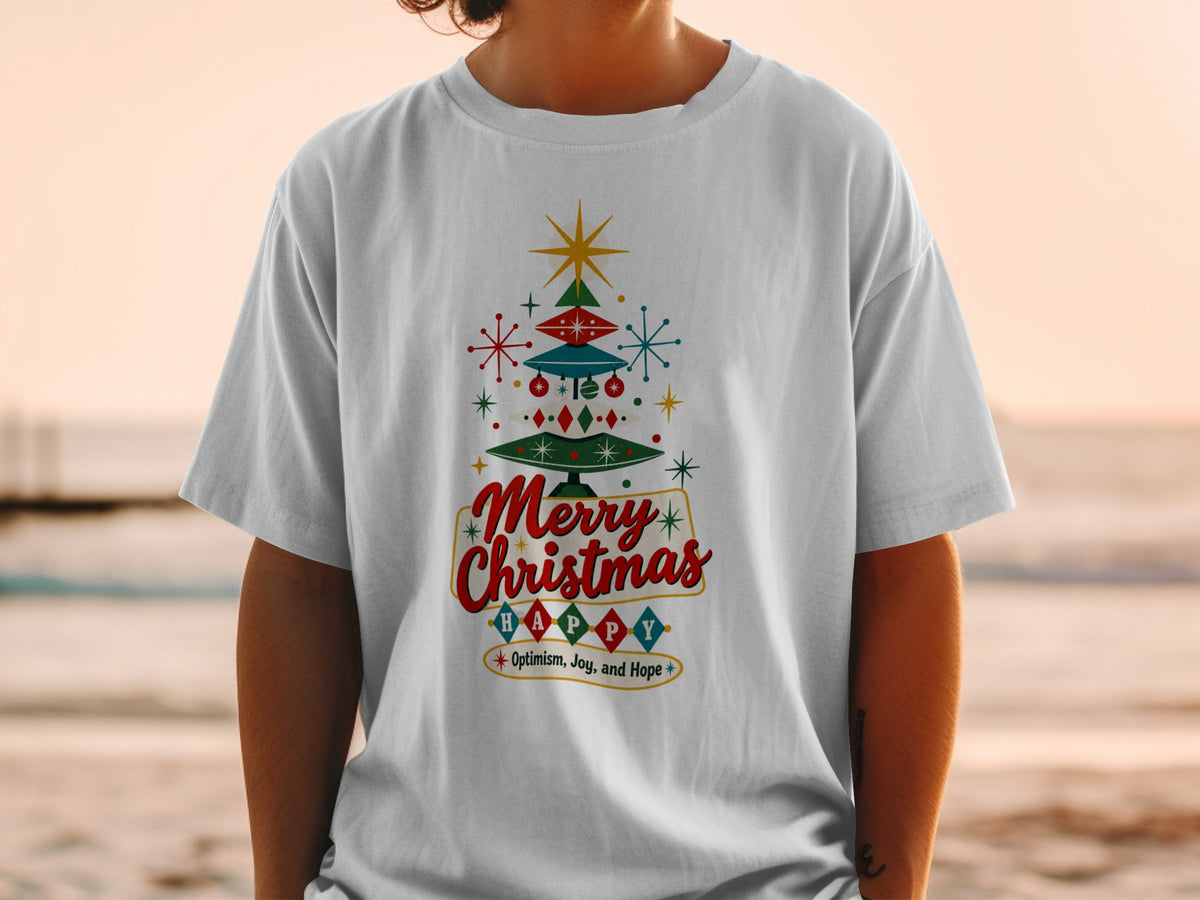 White t-shirt with retro Christmas tree graphic and "Merry Christmas Happy" text.