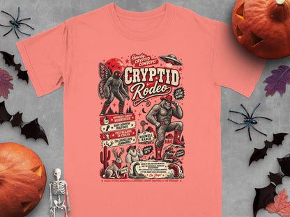 Cryptid Rodeo t-shirt design features Bigfoot, Mothman, jackalope, and other cryptids.