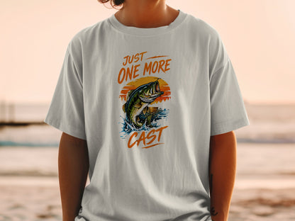 T-shirt graphic with jumping bass and text "JUST ONE MORE CAST".
