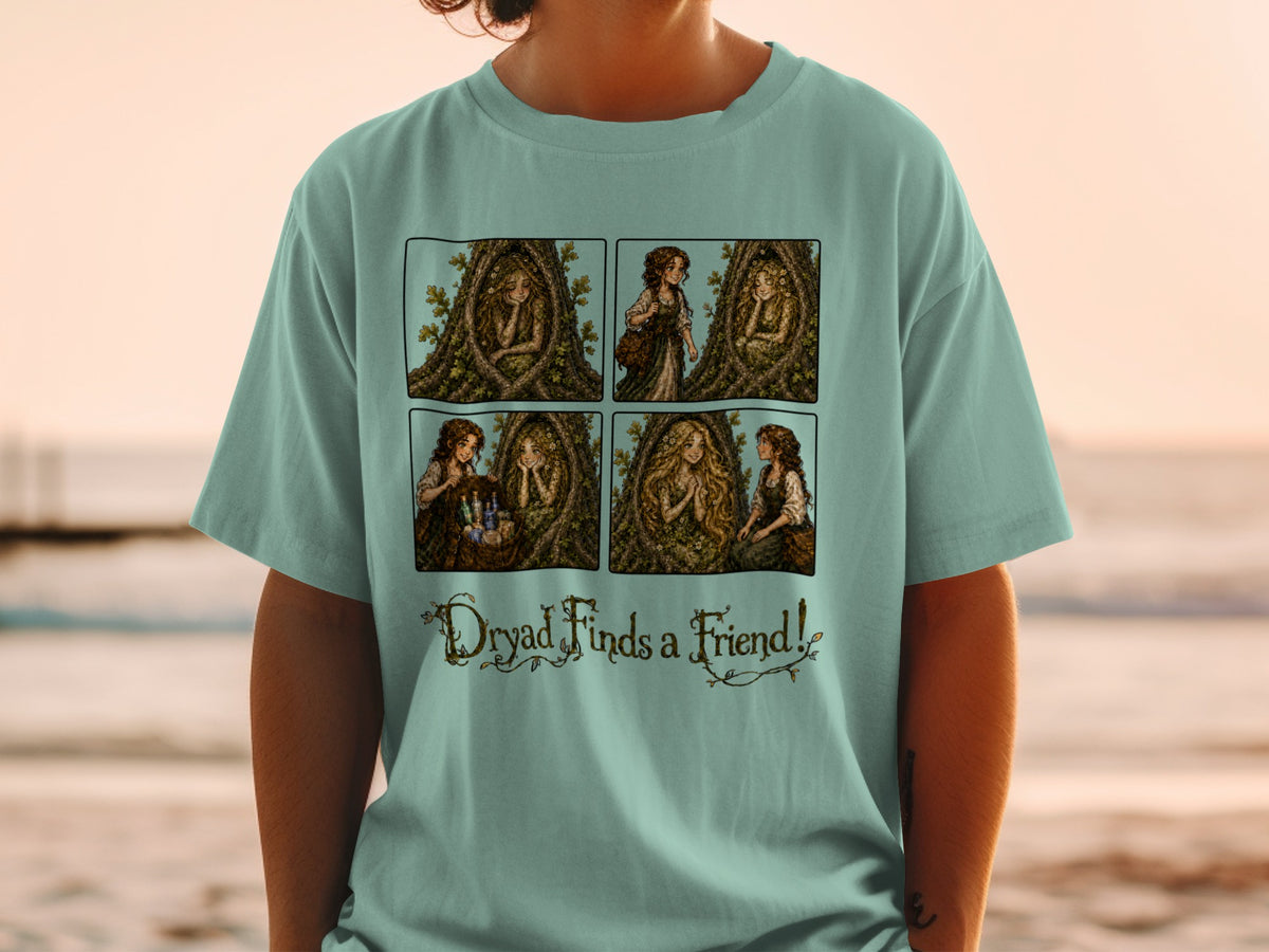 Four-panel comic depicting a dryad in a tree and text "Dryad Finds a Friend!"