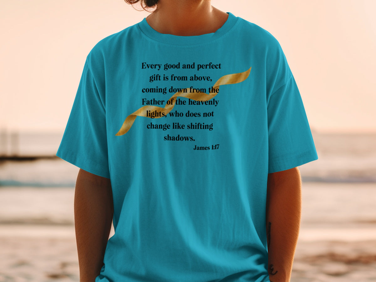 Teal t-shirt with "Every good and perfect gift is from above" Bible verse.