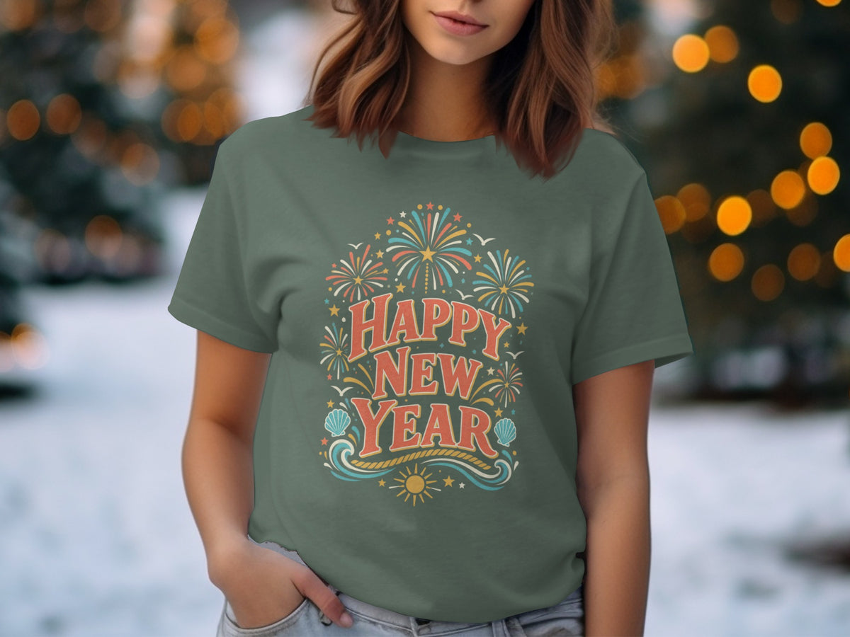 Green t-shirt with "Happy New Year" text and fireworks graphic.
