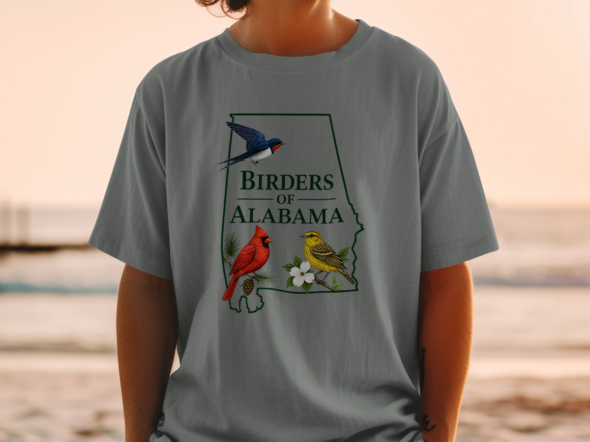 Birders of Alabama t-shirt with cardinal, yellow bird, and swallow design.