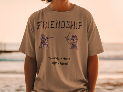 T-shirt with "FRIENDSHIP" text, cowboy, and Native American figures.