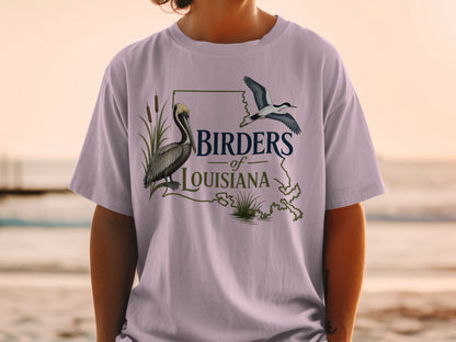 Birders of Louisiana t-shirt with pelican, flying bird, and outline of Louisiana.