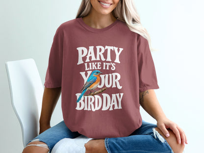 T-shirt with text "PARTY LIKE IT'S YOUR BIRD DAY" and bluebird graphic.