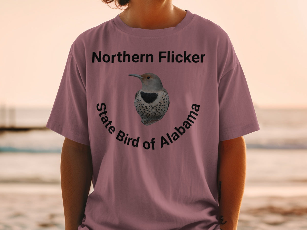 T-shirt with Northern Flicker bird illustration and "State Bird of Alabama" text.