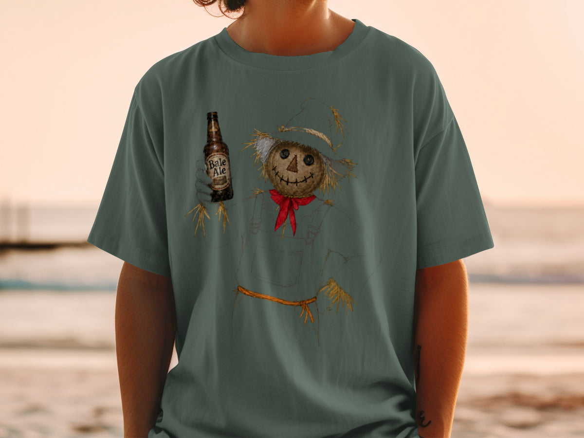 T-shirt with a scarecrow holding a "Bale Ale" beer bottle graphic.