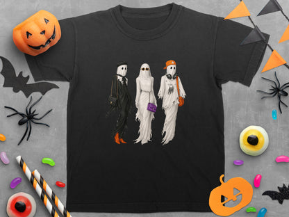 Three ghosts dressed in fashionable Halloween-themed outfits with accessories.