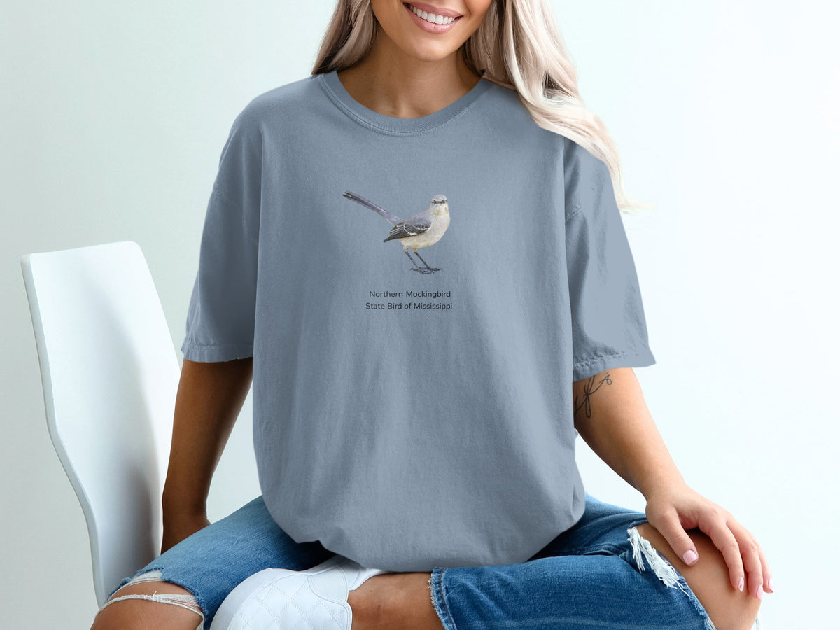 T-shirt with Northern Mockingbird illustration, state bird of Mississippi.