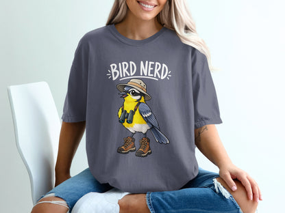 Bird Nerd t-shirt design with a cartoon blue tit wearing a hat and binoculars.