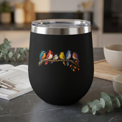 Black tumbler with a detailed illustration of six colorful birds perched on a branch.