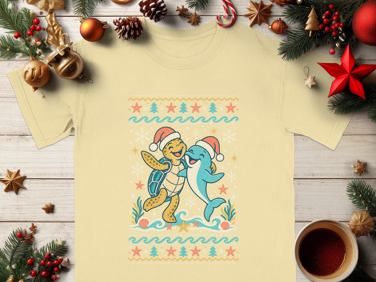 Yellow t-shirt with cartoon turtle and dolphin wearing Santa hats.