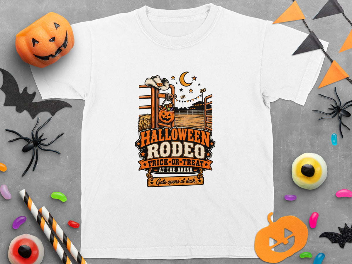 White t-shirt with "Halloween Rodeo Trick-or-Treat At the Arena Gate opens at dusk" graphic.