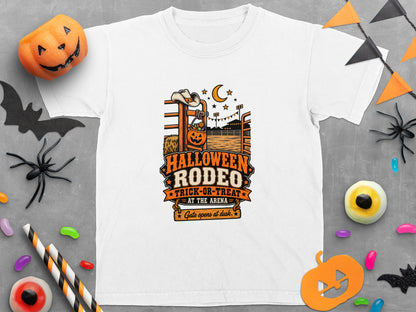 White t-shirt with "Halloween Rodeo Trick-or-Treat At the Arena Gate opens at dusk" graphic.