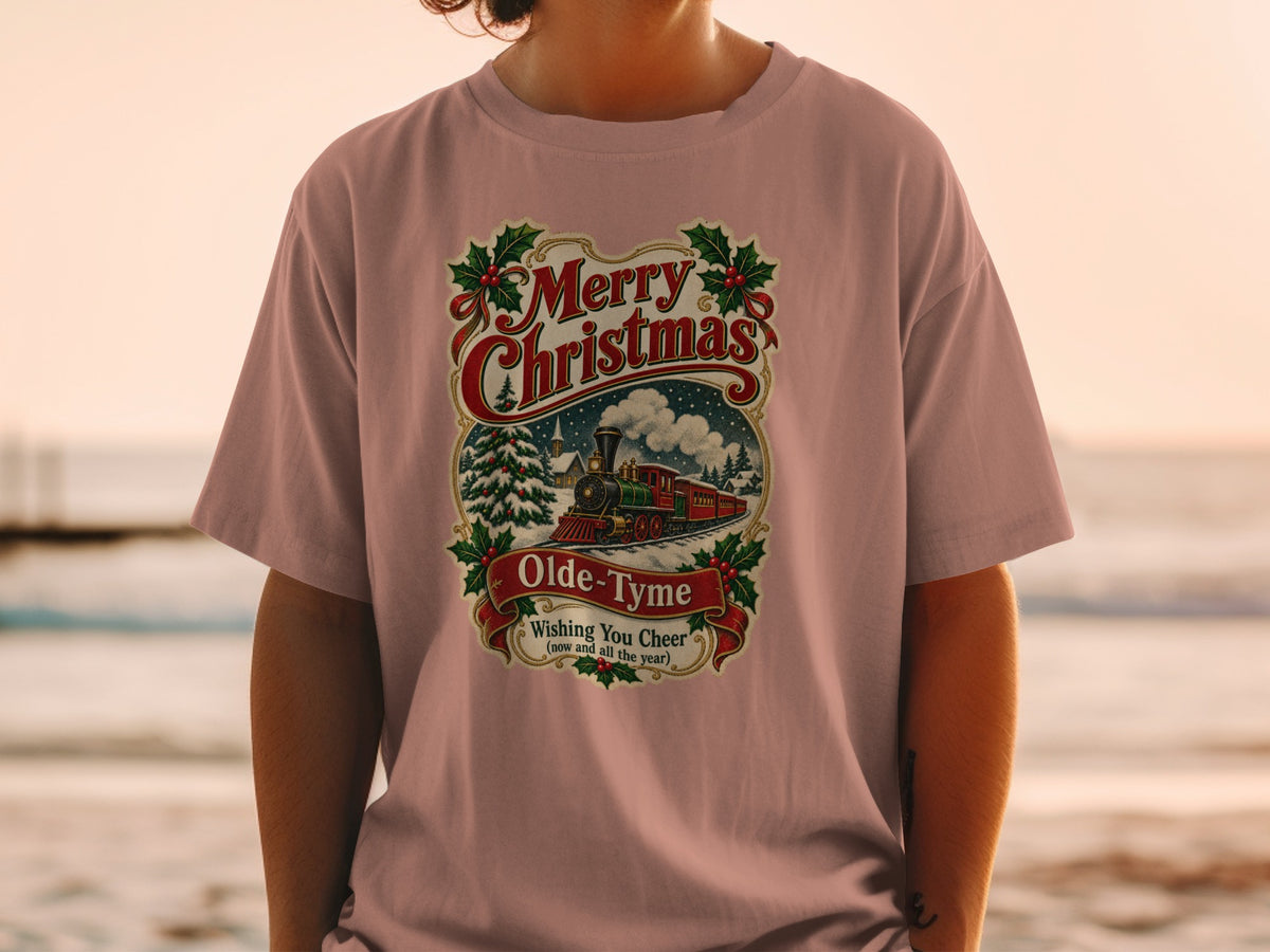 T-shirt with vintage Christmas train design, "Merry Christmas Olde-Tyme" text.