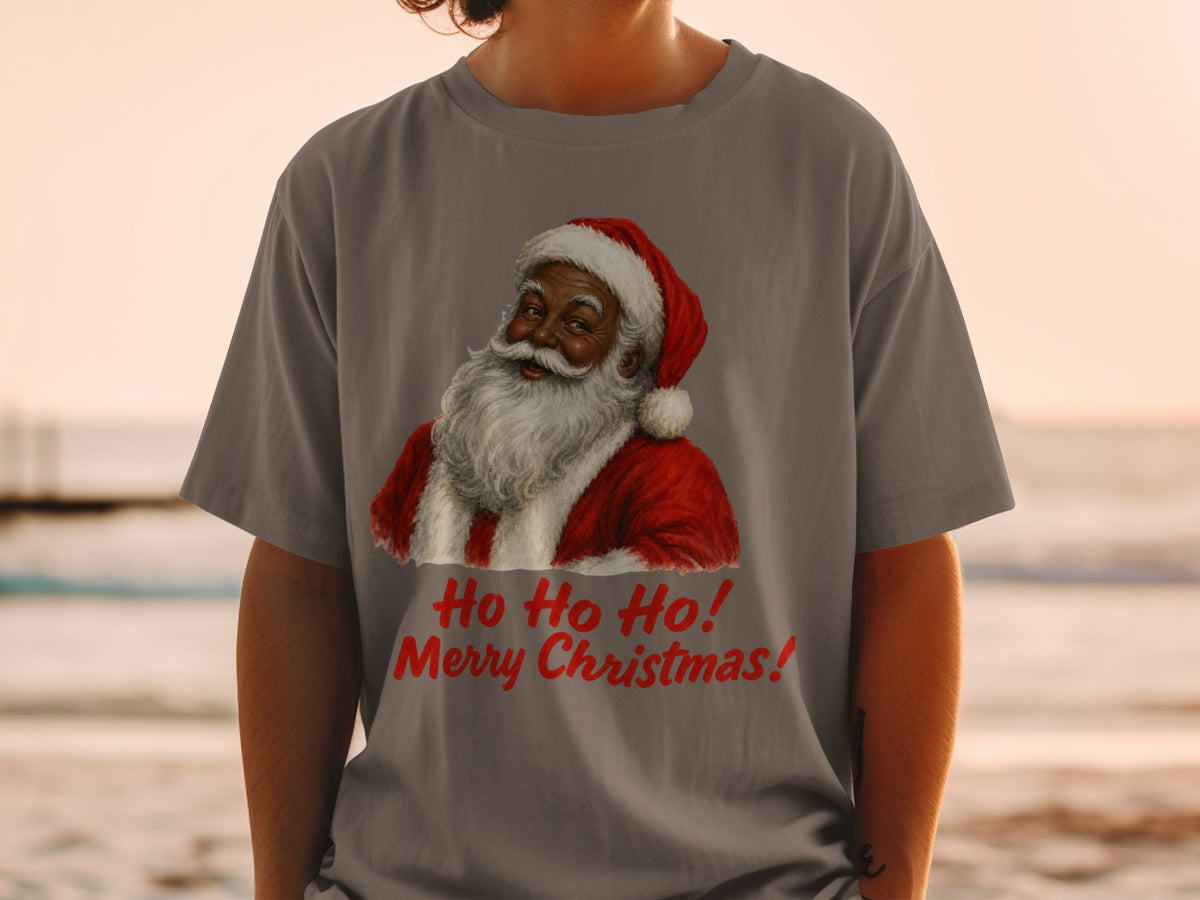 Santa Claus graphic with "Ho Ho Ho! Merry Christmas!" text on a gray t-shirt.