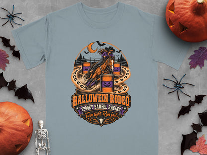 Halloween Rodeo spooky barrel racing t-shirt with horse, barrels, moon, and bats.