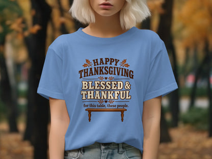 Light blue t-shirt with "Happy Thanksgiving Blessed & Thankful" text and a table illustration.