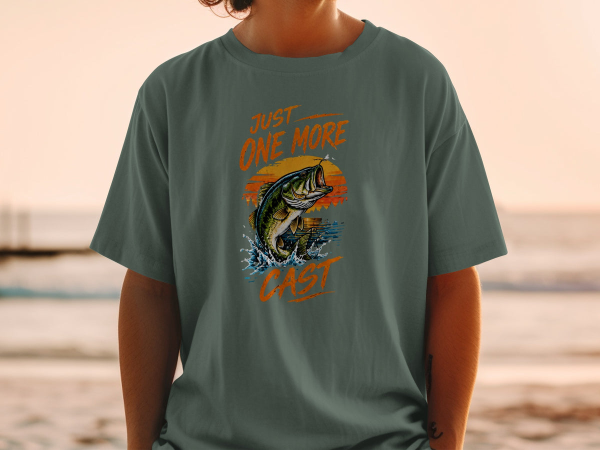 T-shirt with graphic of jumping bass and text "JUST ONE MORE CAST".