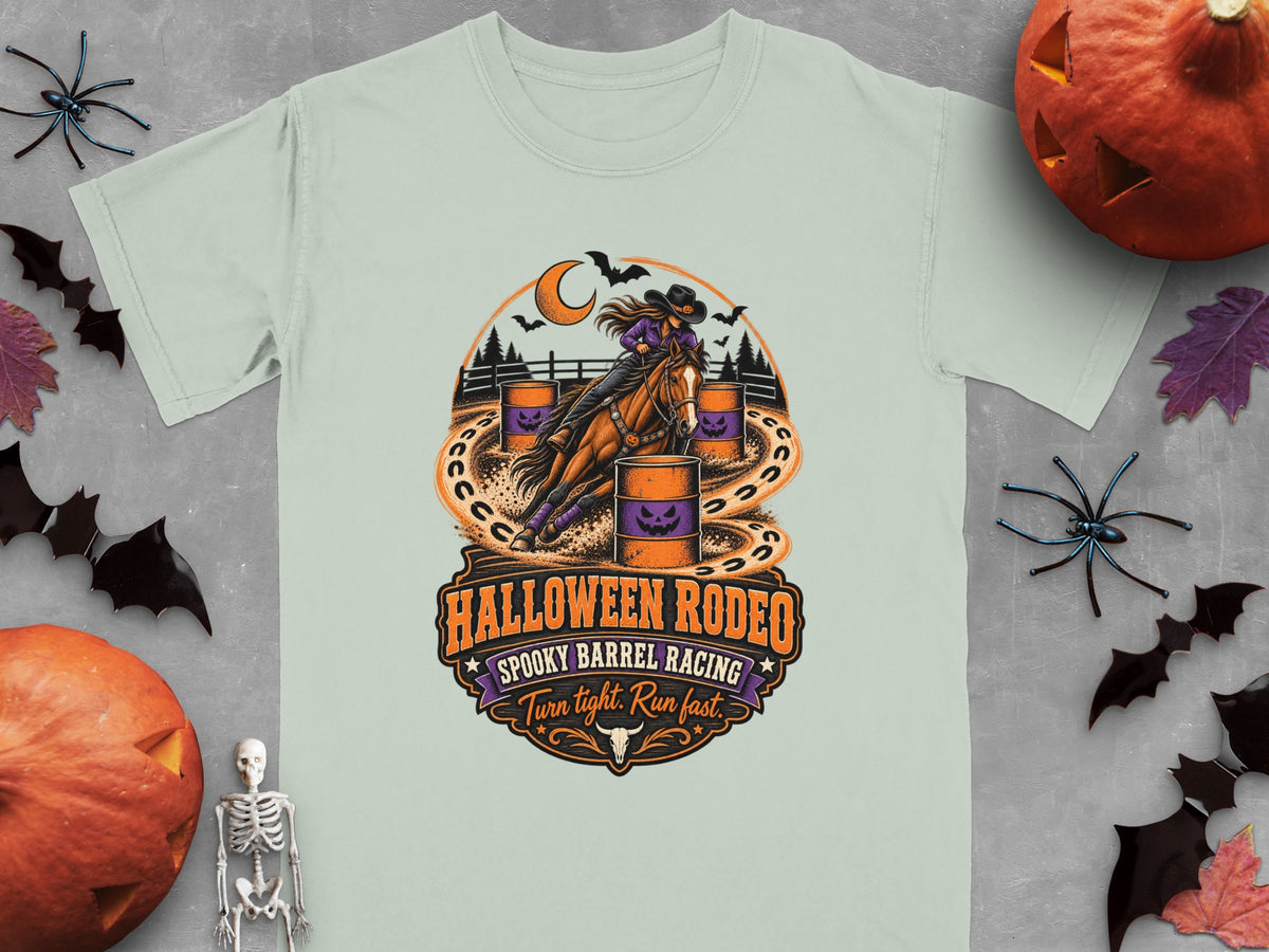 Halloween Rodeo graphic with cowgirl on horse, pumpkins, bats, and text.