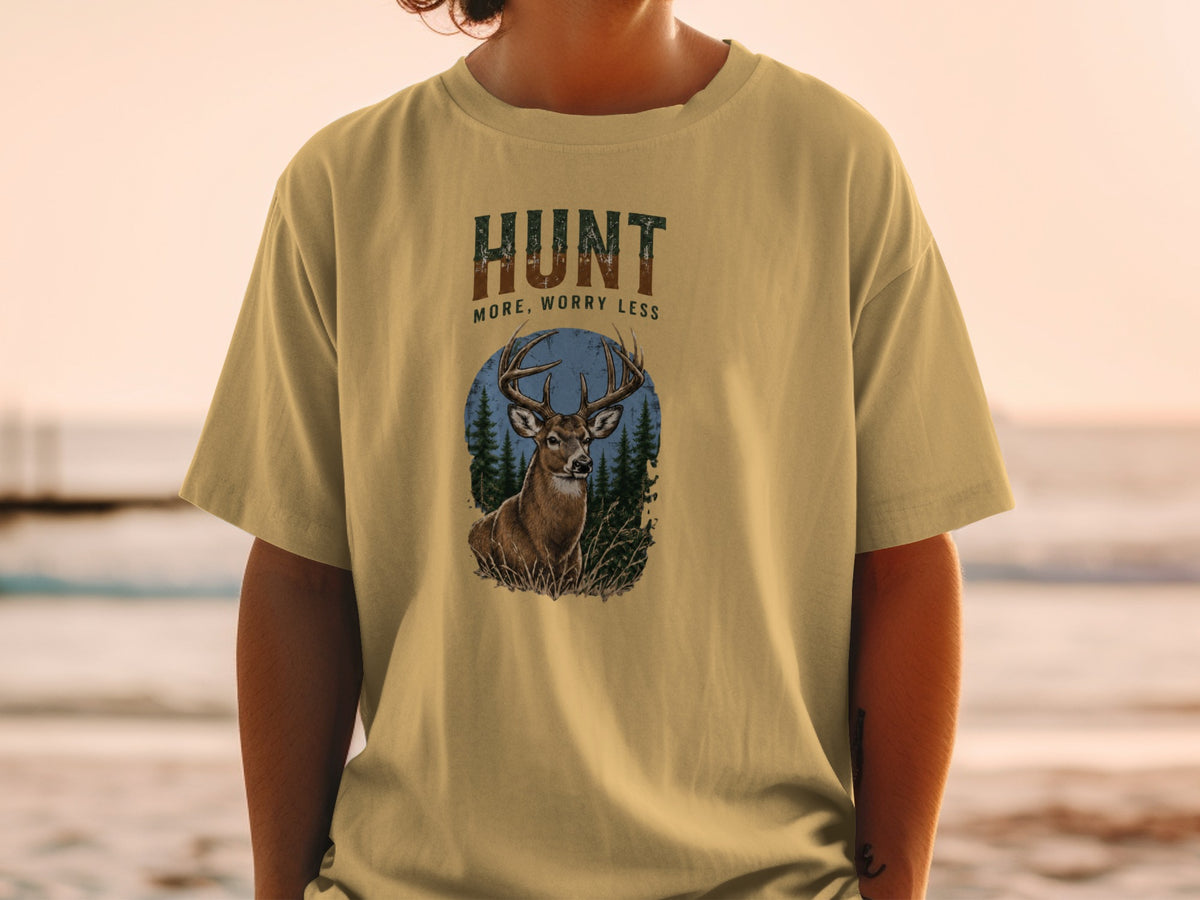 T-shirt with a deer and text "HUNT MORE, WORRY LESS".