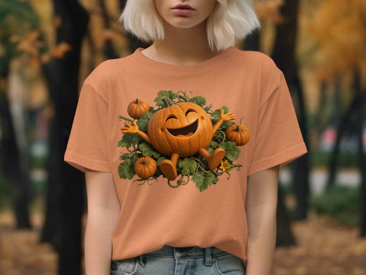 Orange t-shirt with cartoon smiling pumpkin and smaller pumpkins on vine.