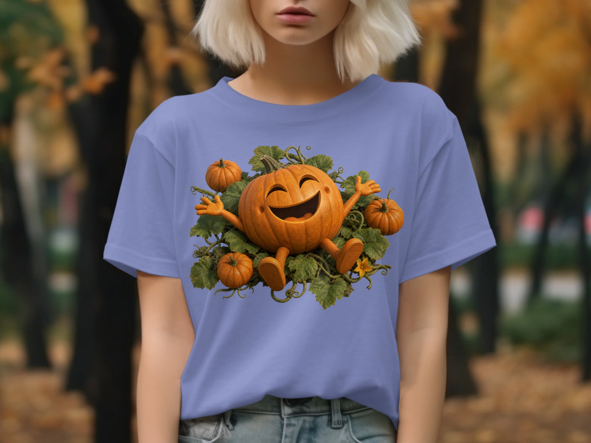 T-shirt with smiling pumpkin character surrounded by smaller pumpkins and green vines.