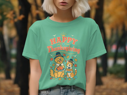 Dog and cat in pilgrim hats holding Thanksgiving food with "Happy Thanksgiving" text.