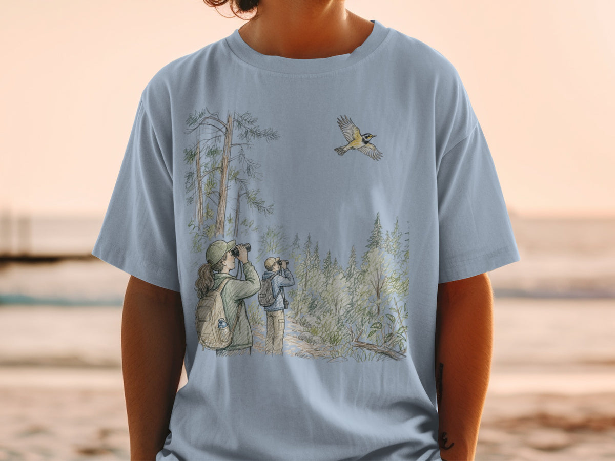 Illustration of birdwatchers in a forest with a flying bird above.