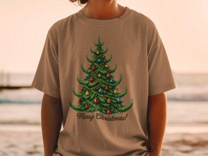 Brown t-shirt with a decorated Christmas tree and "Merry Christmas!" text.