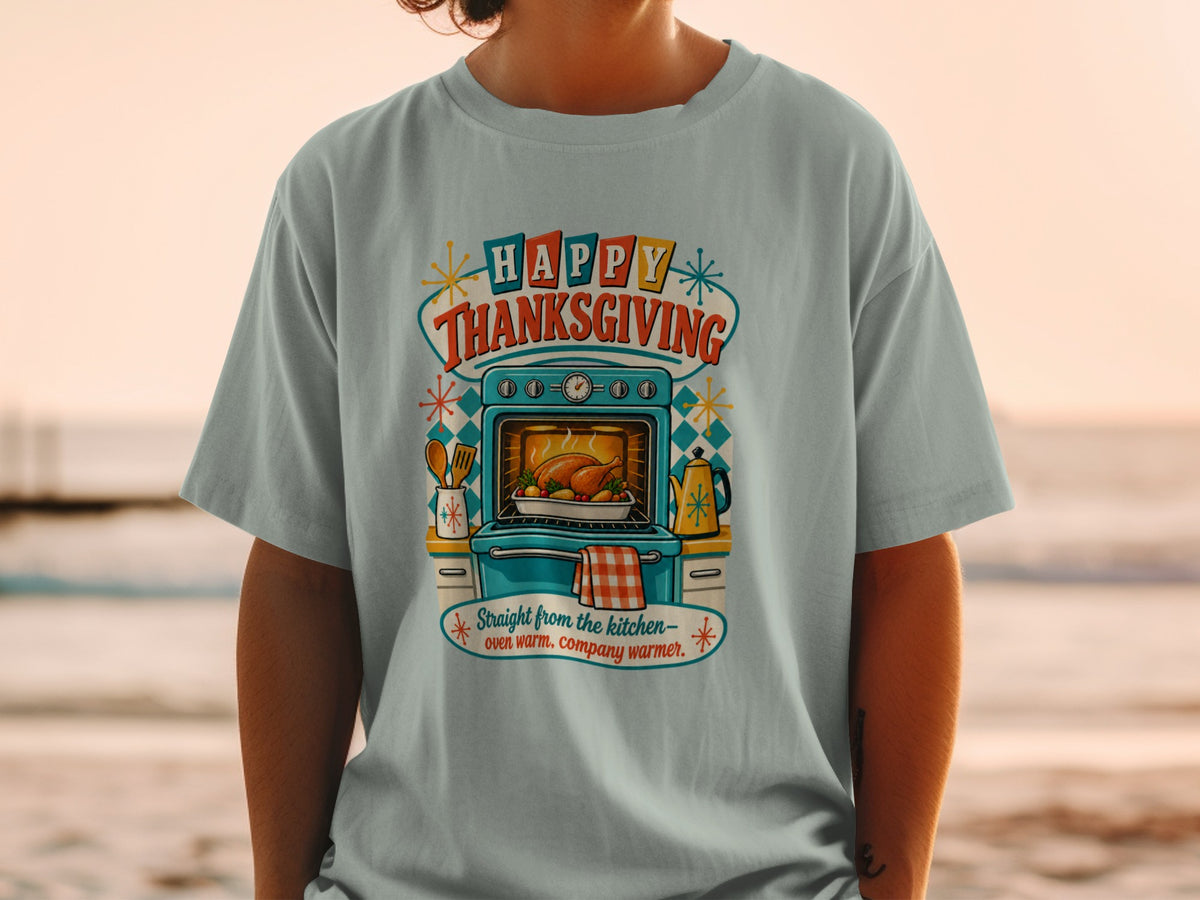 Thanksgiving graphic with oven, turkey, and text "Happy Thanksgiving".
